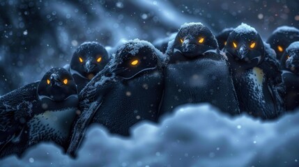 Penguins Huddled in a Snowy Blizzard