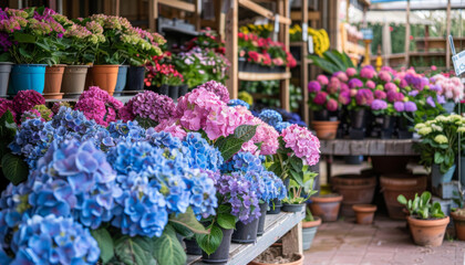 Colorful Hydrangeas In Pots At A Flower Shop