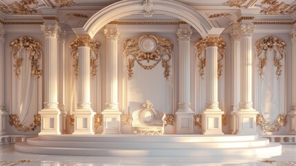 Fototapeta premium Classic white podium with intricate gold detailing and a royal backdrop