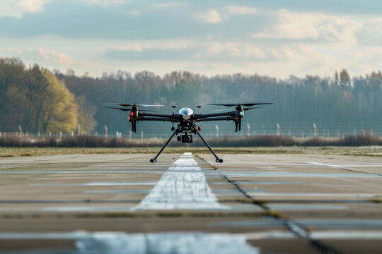 A hybrid drone taking off from a helipad, demonstrating its VTOL capability and flexibility