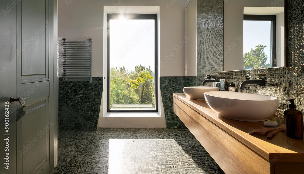 Wall mural modern bathroom interior with big window