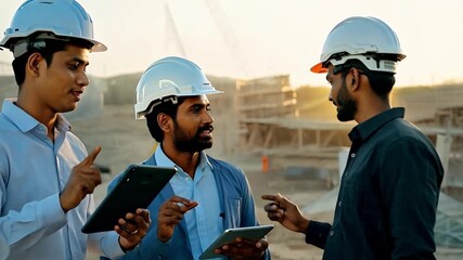 Group of asian professional multicultural india engineers specialists using tablet to with cooperation working at construction site