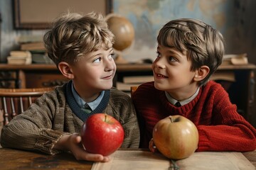 Fototapeta premium Two Boys in Vintage Classroom Holding Apples, Smiling at Each Other, Retro School Setting