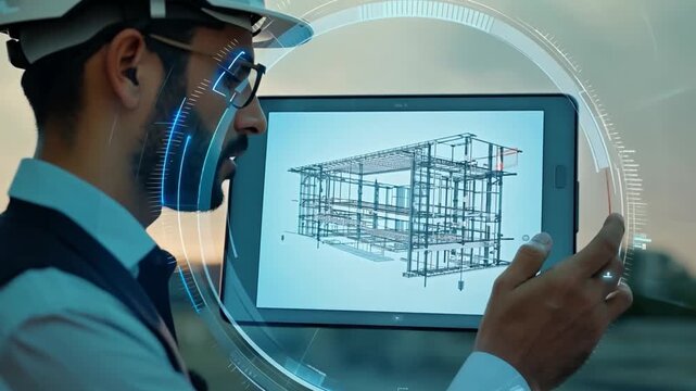 Architects and contractors work using BIM (Building Information Modeling) technology.