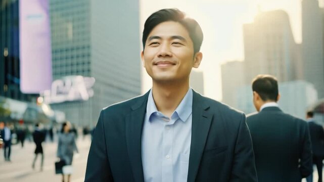 Asian businessman drinking coffee while walking in the street behind big buildings. Concept of happy city life.