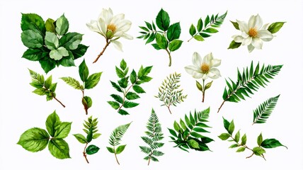 Naklejka premium Botanical Illustration Collection with Various Green Leaves and White Flowers on White Background
