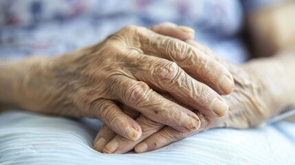 Fototapeta premium Close-up of elderly hands resting on lap, showcasing age and experience through wrinkled skin and gentle touch.