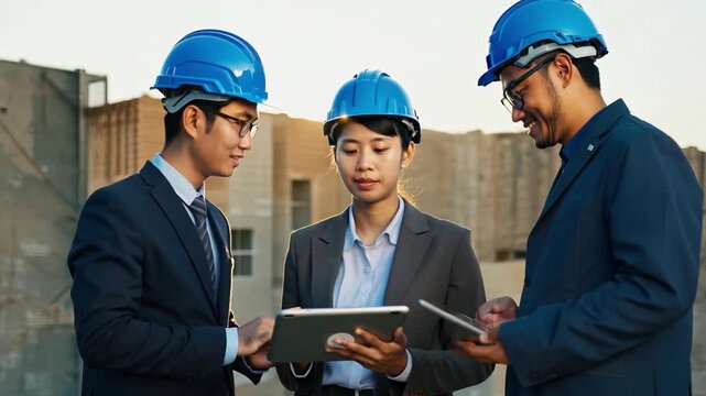 Group of professional engineers from Asia using tablets to launch project consultations and discussions together with collaborators working at a construction site.