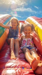 Two girls having fun on a sunny day, sliding down a bouncy castle.