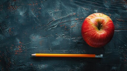 Apple and Pencil on Dark Textured Background Highlighting Educational Concept
