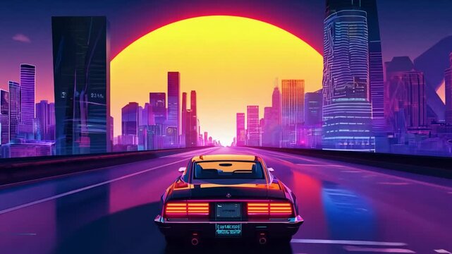 City sunset loop driving background with retro 80's electric Synthwave.
