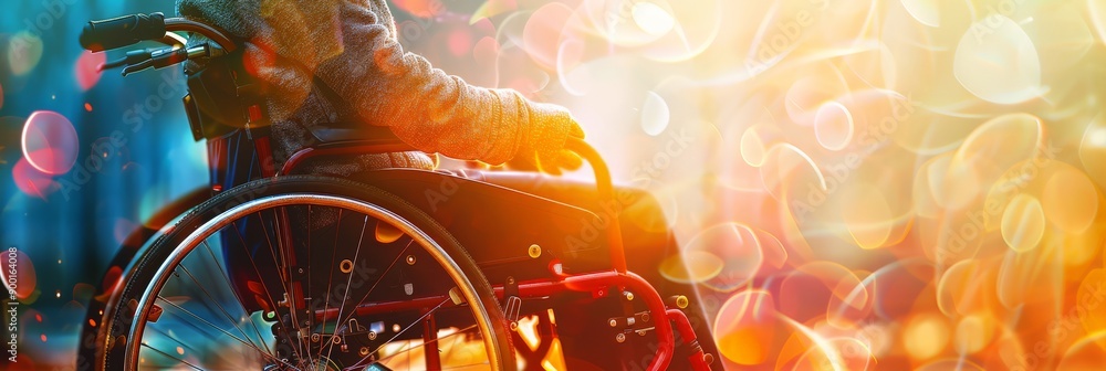 Poster person in a wheelchair with colorful bokeh lights in the background. celebrating inclusion and acces