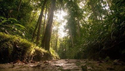 Obraz premium Experiencing tranquility in a forest bathed in dappled sunlight.