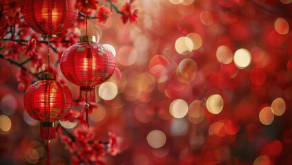 red Chinese New Year decorations hanging in the air with a blurred background