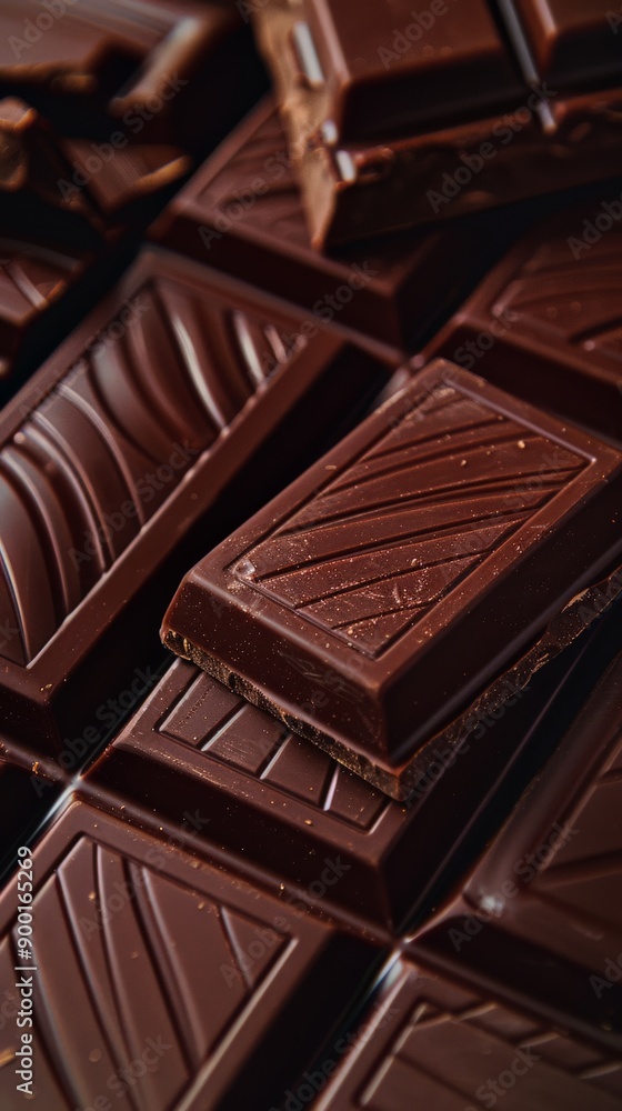 Poster close-up of dark chocolate bars with textured patterns. luxurious food background for gourmet desser