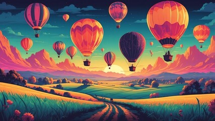 Obraz premium hot air balloons over fields retro neon