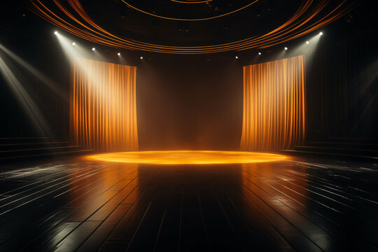 Modern dance stage light background with spotlight illuminated for modern dance production stage. Empty stage with soft ambers light color. Stage lighting art design. Entertainment show stage.