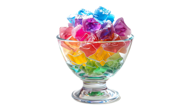 Rainbow shaving ice in glass dessert bowl isolated on transparent background