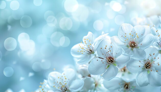 Closeup of white blossoms, soft focus, dreamy bokeh background, light blue tones, springtime