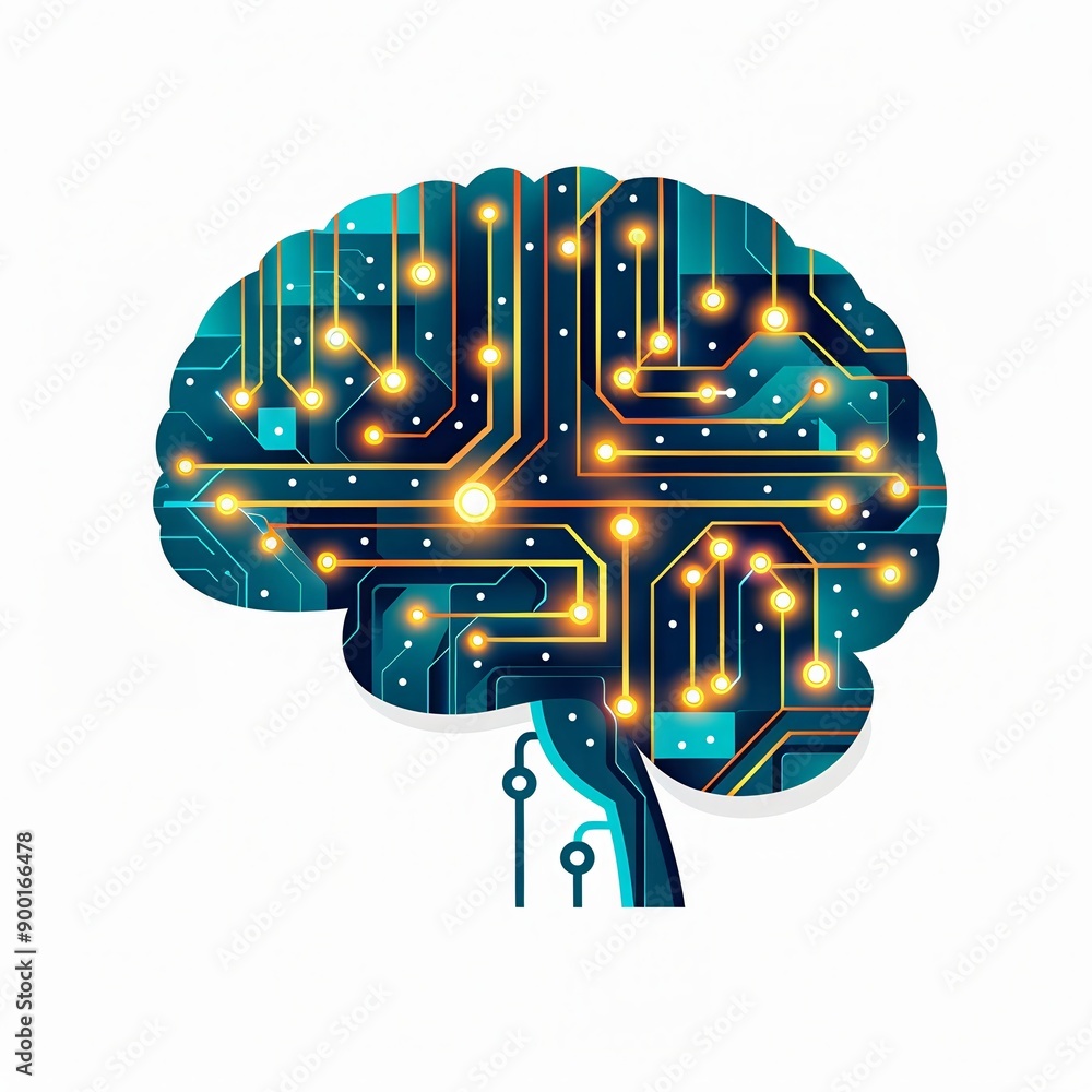 Poster digital brain illustration with circuit connections, representing artificial intelligence, technolog