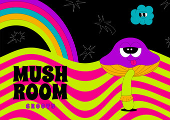 Psychedelic mushroom with funny face and tongue. Funky character in groovy style. Retro trendy horizontal banner. Flat vector elements of bright colors.