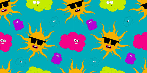 Psychedelic seamless pattern with characters in groovy style. The sun with sunglasses and clouds with funny faces. Retro vector elements in acid colors on blue background