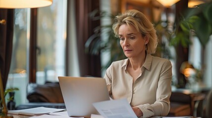 Focused Intensity: A mature businesswoman, framed by warm cafe lighting, pores over documents and her laptop, her expression a study in concentrated effort. 