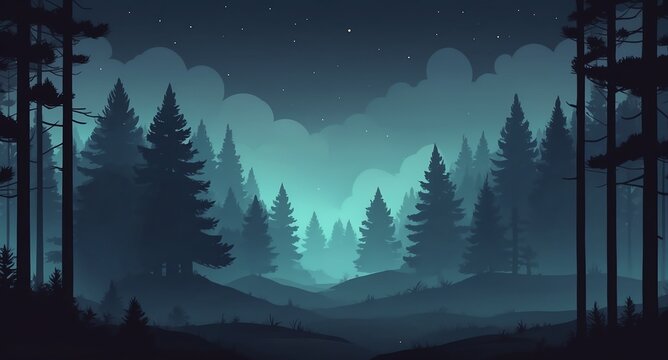 pine forest in thick fog night landscape flat cartoon style illustration design background copy space backdrop