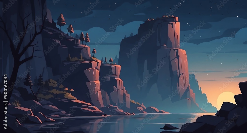 Sticker rocky cliffside at night time landscape flat cartoon style illustration design background copy space