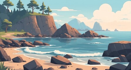 rocky shore at day time landscape flat cartoon style illustration design background copy space backdrop