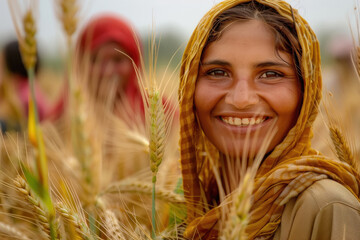 smiling rural woman standing in wheat field