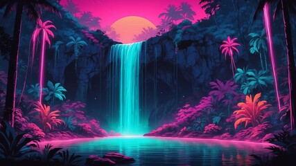 Obraz premium tropical waterfall retro neon