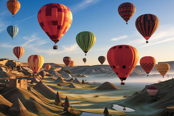 Obraz premium Vibrant hot air balloons in Cappadocia's surreal landscape, with fairy chimneys and a golden sunrise