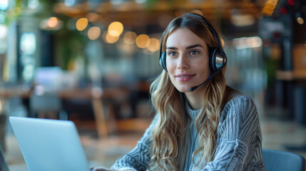 Sociable female call center assistant operating from the call center office using headset and laptop.