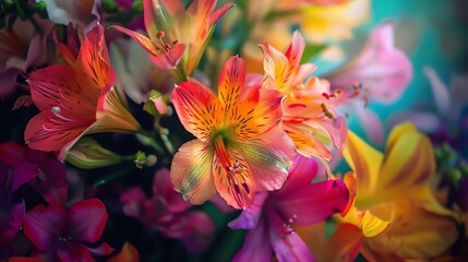 Colorful flowers, painterly style, vibrant hues, artistic composition, closeup