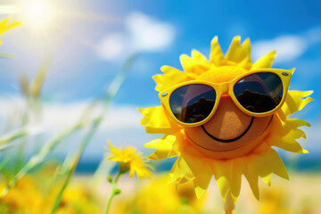 Sun wearing sunglasses, summer theme.