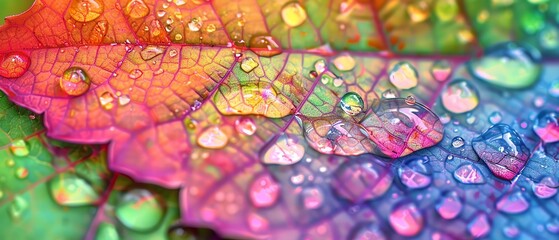 Fototapeta premium Colorful leaf with raindrops, focusing on detailed texture and vibrant hues