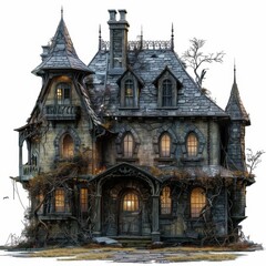 Fototapeta premium Gloomy haunted house on solid white background, single object