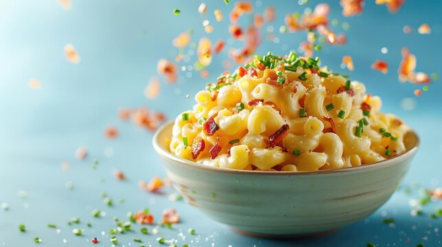 arafed macaroni and cheese with bacon and chives in a bowl