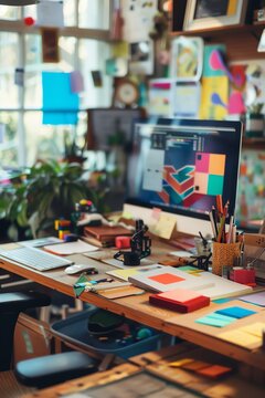 Desk cluttered with colorful geometric shapes, stationery, and a digital screen in the background