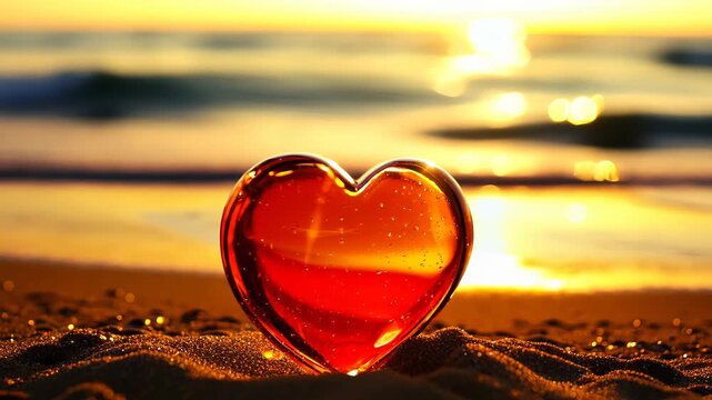 Close-up: Red glass heart rests on golden sand. Sun's reflection dances on gentle waves, creating warm glow. Vibrant colors evoke romance, serenity, and connection with nature.	