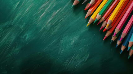 top view colored pencils on green blank board, empty space.