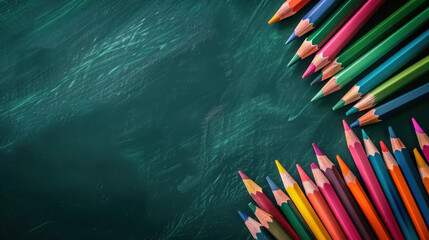 top view colored pencils on green blank board, empty space.