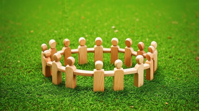 Wooden Figures Forming a Circle on Green Grass Representing Teamwork and Community Support