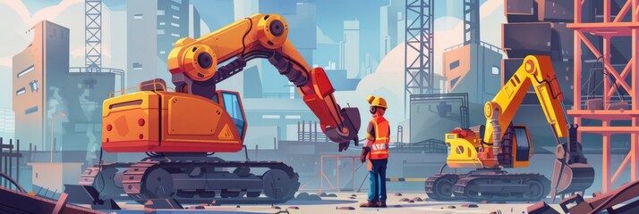 Engineer supervising robotic machinery at a construction site with city skyline in background. Future of automation and robotics in construction.