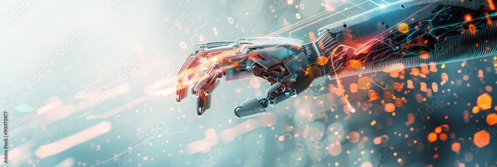 Poster Futuristic robotic hand with illuminated elements against a soft, glowing background. Advanced technology and AI innovation.