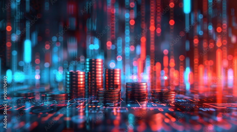 Poster data center cityscape: a futuristic metropolis of glowing data servers rises from a circuit board, b