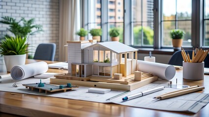 Architectural Model with Blueprints in a Designer's Workspace