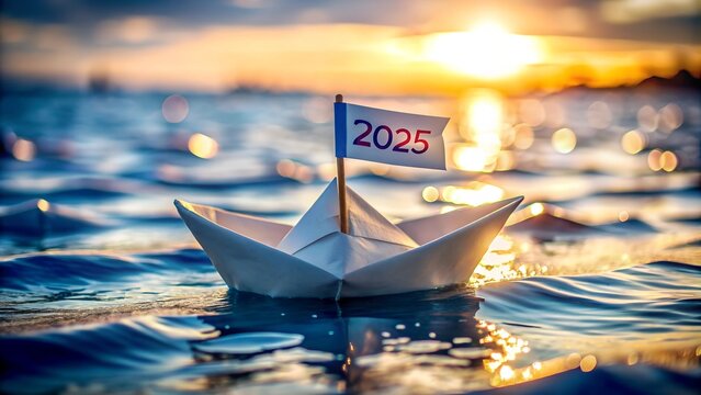 Carte Festive 2025 : Bateau en Papier et Drapeau pour le Nouvel An
