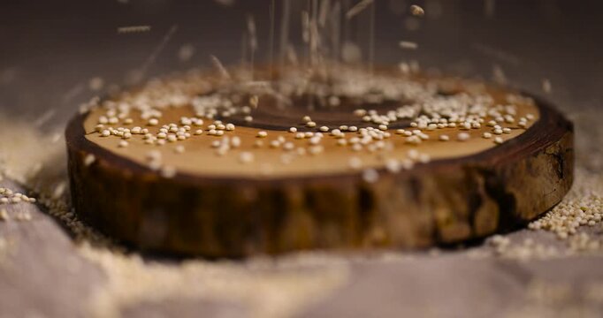 Raw quinoa porridge grains close-up, not cooked healthy quinoa porridge grains